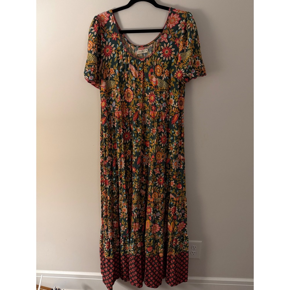Natural Life Women's M Floral Bird Print Tiered Boho Maxi Dress Rayon